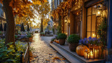 Autumn street scene with vibrant orange leaves, cozy cafe ambiance, glowing lanterns, and decorative pumpkins, creating a warm inviting atmosphere for evening gatherings