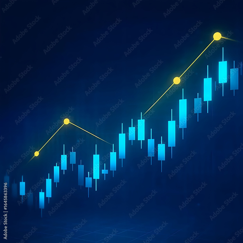 Glowing blue candlestick chart showing upward trend isolated on ...
