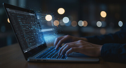 Hands typing on a laptop keyboard with code and data visualizations displayed on the screen, set against a blurred background.