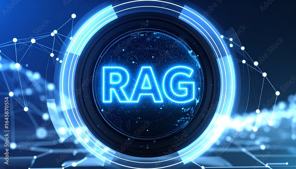 Futuristic holographic interface with floating RAG text, glowing nodes ...
