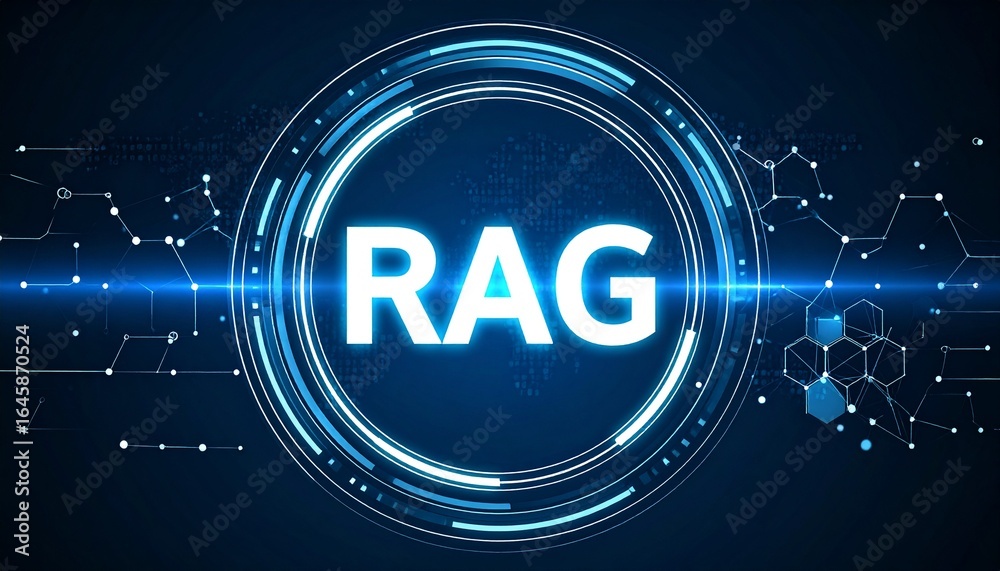 Futuristic holographic interface with floating RAG text, glowing nodes ...