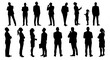 © Radwa - Vector silhouettes of two men and three women, a group of standing business people, looking up, back view, profile, black color isolated on white background