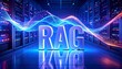© Hypnotics 14 - Neon white RAG text with reflection on floor over detailed particle waveform in datacenter. RAG, Retrieval Augmented Generation, high-tech 3D data visualization