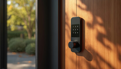 Modern black digital door lock on wooden door. Features keypad for code entry, sleek design, advanced security system for home access. Enhances residential safety with smart technology, automation