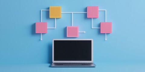 productivity tools workflow remote concept. computer setup with colorful flowchart elements on a blu