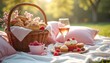 © Pete - Cozy picnic setup in park. Wicker basket overflows with fresh bread, cupcakes topped with raspberries and cream. Glass of rose wine, pink pillows on white blanket. Sweet desserts await.