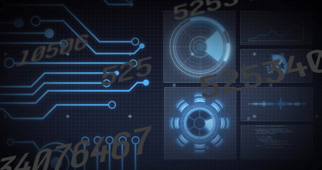 Wall Mural - displaying four hud panels on grid with glowing traces and gold numeric overlays, copy space