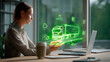 © Tetiana - Business manager holds a holographic tablet showing an electric cargo truck with green logistics routes and recycling icons. Coffee cup on desk adds realism and warmth.