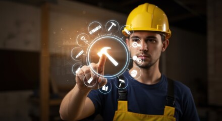 Man in hard hat touching holographic screen with construction tool icons. Digital interface for engineering and building. Industry maintenance concept.