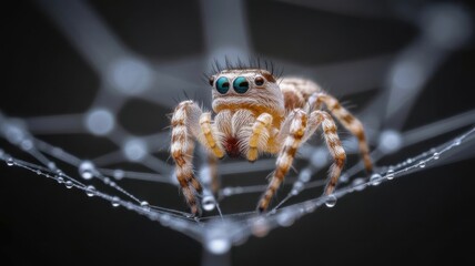Close up of a jumping spider with intricate details on a dew covered web