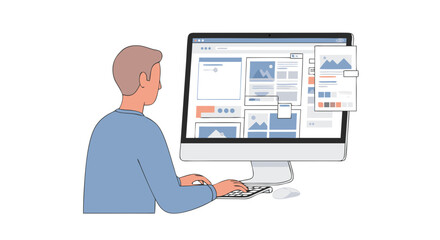 person working on a computer with multiple layout windows showing the website design process, digita