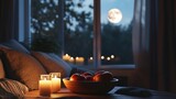 A cozy evening scene with candles, fruit, and a full moon visible through a window.