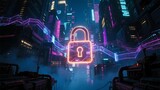 Neon lock symbolizes security in a futuristic cyberpunk city with glowing digital network lines and vibrant lights.