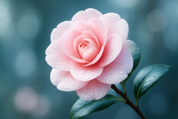 Wall Mural - close-up of pink camellia flower with dewdrops on petals and glossy green leaves against soft abstra