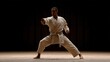 © SerPak - A focused martial artist in a karate uniform strikes a pose in a dimly lit dojo, showcasing strength and discipline.