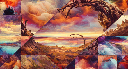 Abstract landscape with colorful skies and mountains in a geometric collage style