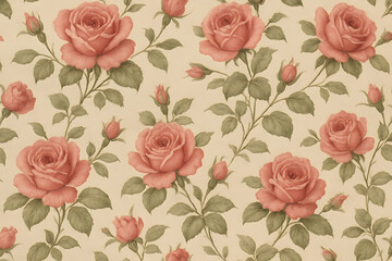  Vintage Rose Pattern: This image showcases a beautiful, repetitive pattern featuring blooming roses and lush green leaves, arranged elegantly.AI-Generative