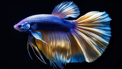 Close-up image of a beautiful fish, revealing the details of its deep blue scales and flowing golden fins, suitable for use as a background or illustration for articles about aquatic animals.