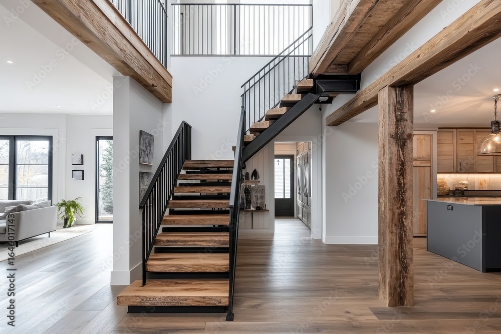 A modern staircase with wooden treads and black steel railing Stock ...