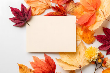 Wall Mural - Autumn composition. Frame made of blank paper and leaves on white background. Fall concept. Autumn thanksgiving texture. Flat lay, top view, copy space
