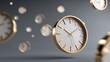 © W saputro - Golden clocks floating in mid-air against gray background, symbolizing time management concept