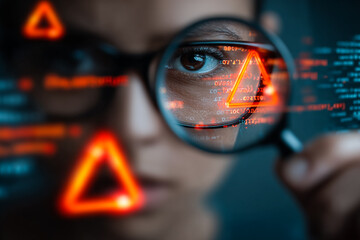 Man analyzes code with magnifying glass. Eye reflects code, triangle warning symbol. Tech, hacking, security concept. For editorial, marketing, web.