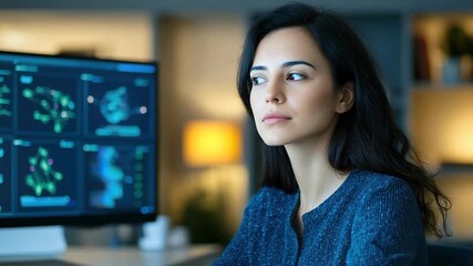 Young woman computer data technology office focused night professional coding software analysis working screen digital