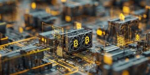 Wall Mural - abstract digital representation of cryptocurrency technology featuring bitcoin symbols and complex c