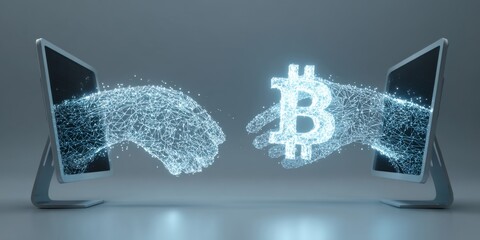 Wall Mural - digital interaction between virtual hands exchanging bitcoin symbol with glowing lines, representing