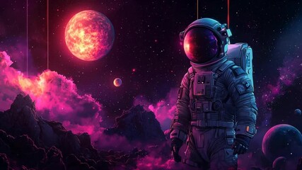 Wall Mural - Astronaut in vibrant cosmic landscape