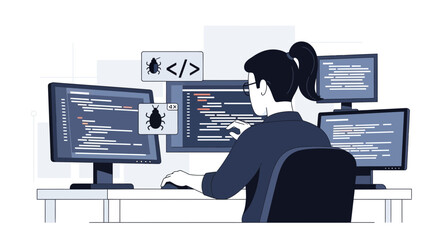 Developer working on multiple screens debugging code vector illustration scene