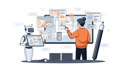 Human-AI collaboration in web development: A woman designs a website alongside a robot assistant visualizing interfaces