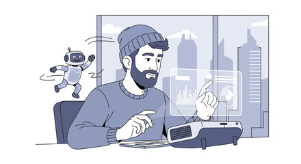 Futuristic technology concept with man interacting with hologram and robot companion in modern workplace