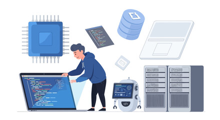 Illustration depicting a software developer working on code and managing server infrastructure with modern technology elements