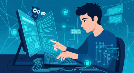 Illustrative depiction of a programmer immersed in coding on dual screens featuring an owl assistant