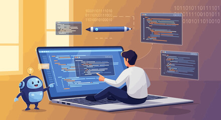 Illustrative depiction of a software developer coding with assistance from AI assistant