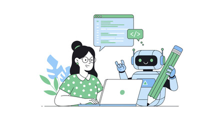 Illustration of a woman coding on a laptop with a robot assistant offering programming advice with a pencil