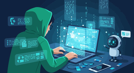 Illustration of a hooded hacker coding with assistance from a friendly robot assistant in a digital landscape