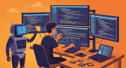 Illustration of a programmer working alongside a friendly robot assistant in a software development environment