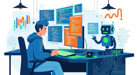 Illustration of a programmer coding with the help of an AI assistant in a modern setting