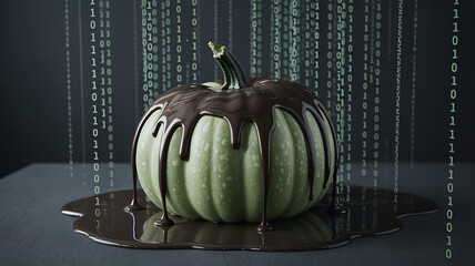 A green pumpkin covered in dripping chocolate with binary code in the background for a halloween or tech concept