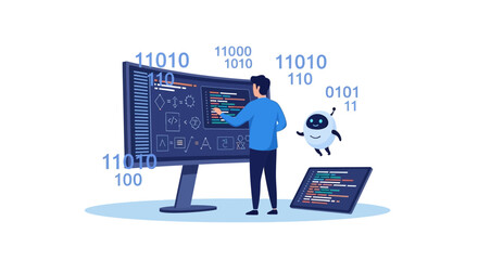 Software developer coding with robot assistant, creating new innovative application system and working with artificial intelligence development