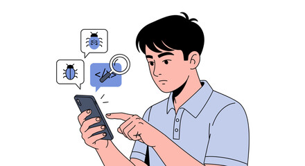 Software developer debugging mobile app with smartphone and code review tools