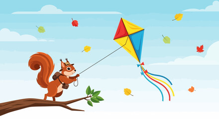 squirrel enjoying autumn outdoors with colorful kite against blue sky backdrop