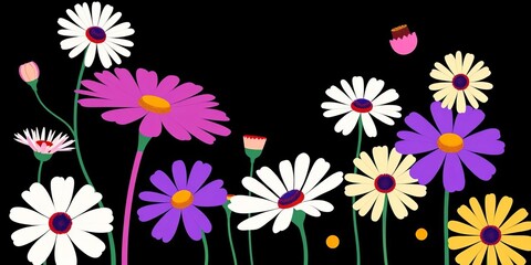 Wall Mural - geometric brutalist style abstract flower set; black background, vector illustration, minimal daisy 