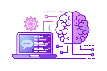 artificial intelligence concept with a glowing brain and laptop displaying code