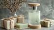 © OM - Eco soap packaging display showcasing minimalist glass container and organic handcrafted soap varieties bound with natural twine