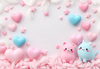 Wall Mural - Pastel pink & blue hearts, stars, and kawaii animals on a soft, fluffy background,  anime,  romantic