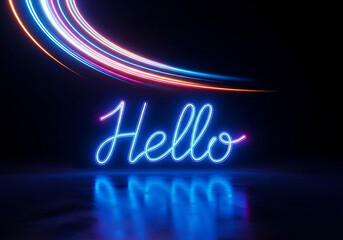 Captivating Neon 'Hello' Sign with Light Trails Against a Dark Background for a Bold Statement
