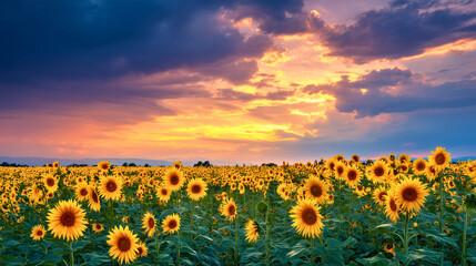 Wall Mural - Sunflower field at sunset with dramatic sky